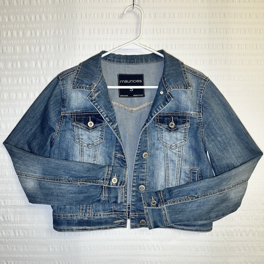 Maurices Womens Small Denim Trucker Jacket Blue Button Front Stretch Jean Jacket